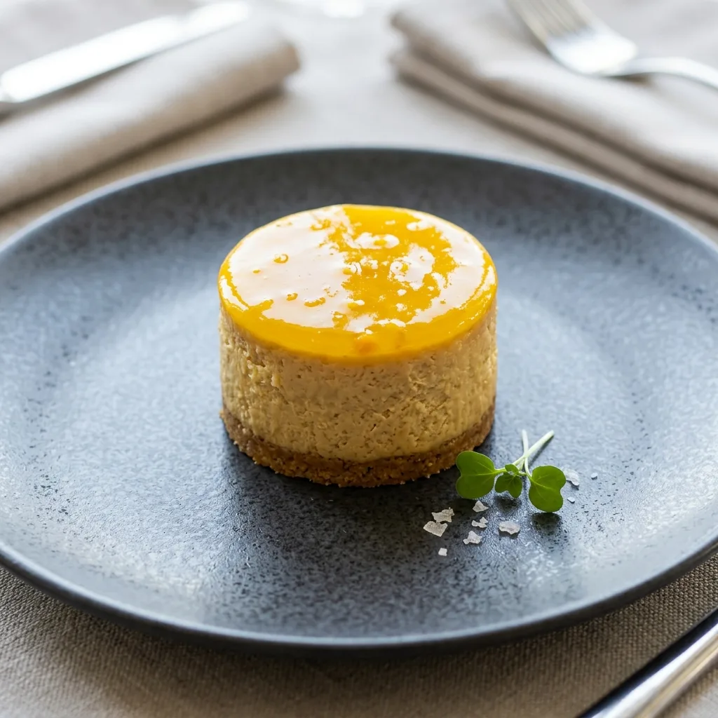 photo d'un cheesecake au foie gras et chutney mangue présenté de forme ronde dans une assiette